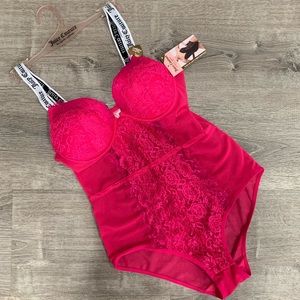 NWT Juicy Couture Dragon Rose Hot Pink Sexy Push Up Lace Mesh Bodysuit Lingerie